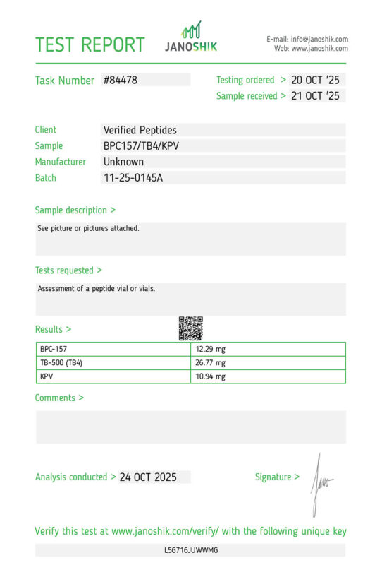 TB500 BPC157 KPV Blend Peptide Purity Certificate of Analysis Lab Test Report October 2025