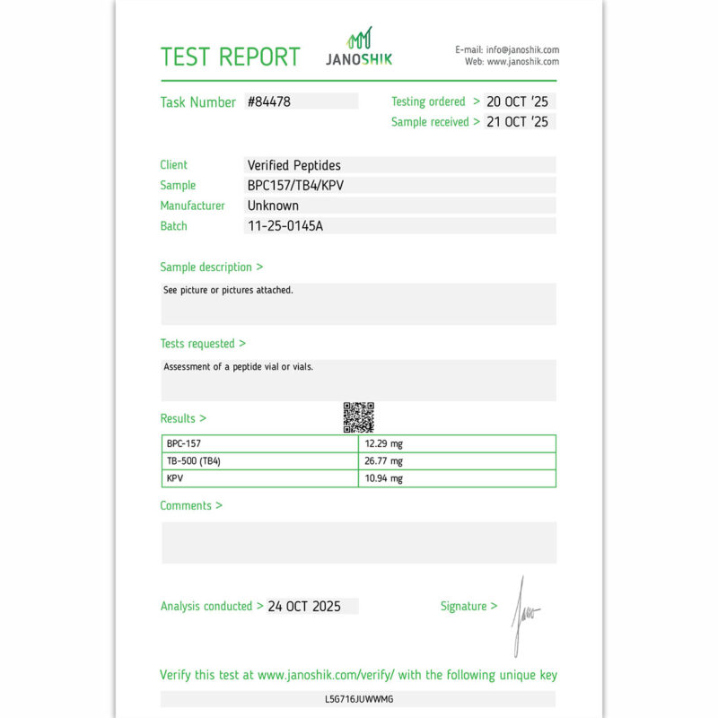 TB500 BPC157 KPV Blend Peptide Purity Certificate of Analysis Lab Test Report October 2025