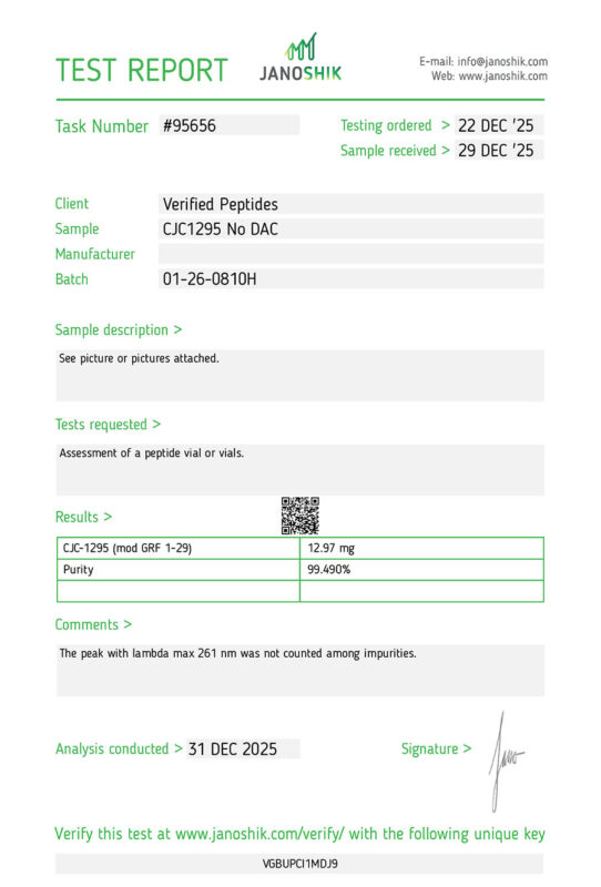 CJC-1295 No DAC Peptide Purity Certificate of Analysis Lab Test Report December 2025