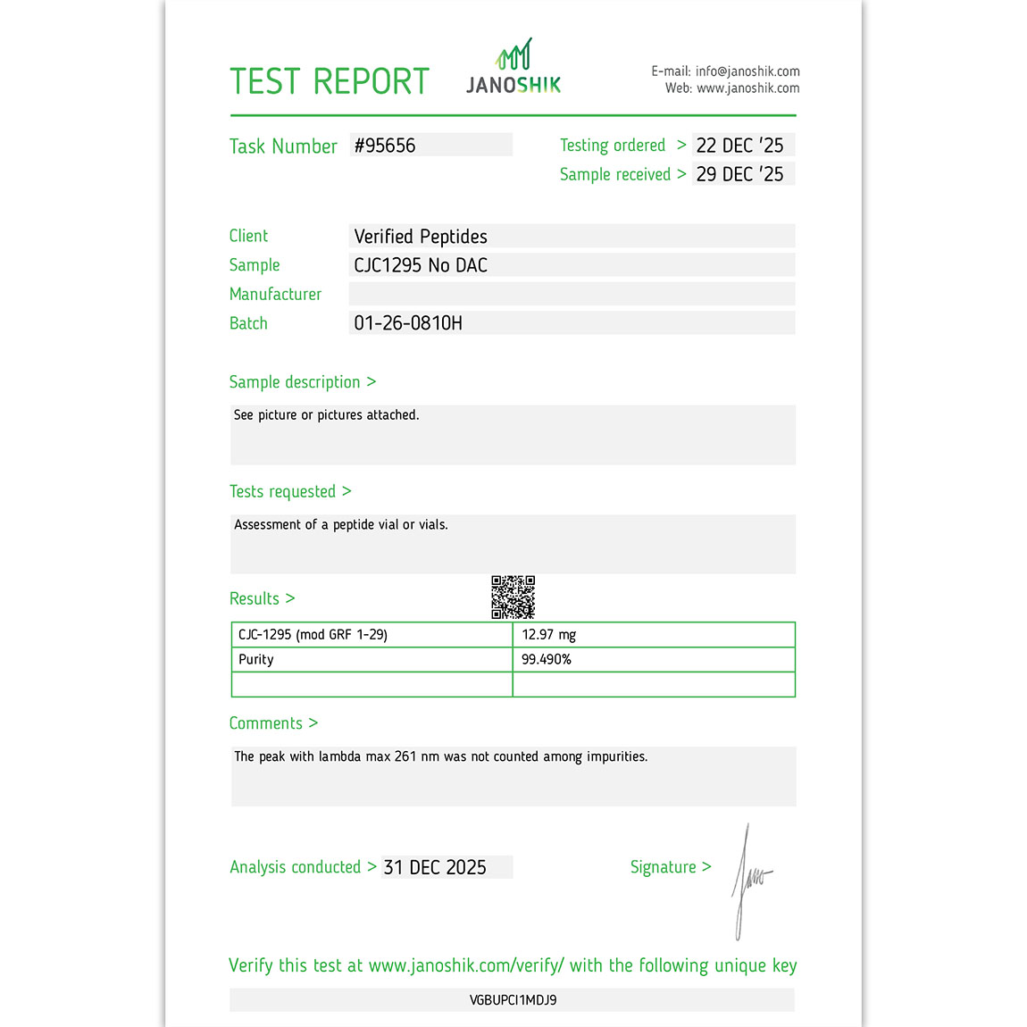 CJC-1295 No DAC Peptide Purity Certificate of Analysis Lab Test Report December 2025