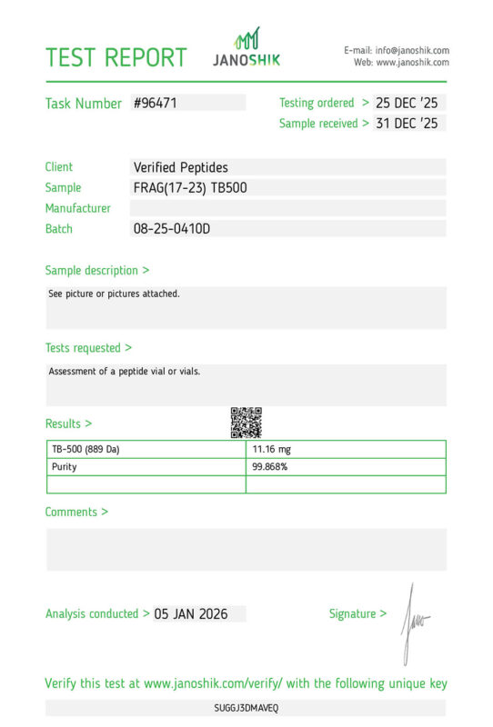 Frag(17-23) TB-500 Peptide Purity Certificate of Analysis Lab Test Report January 2026