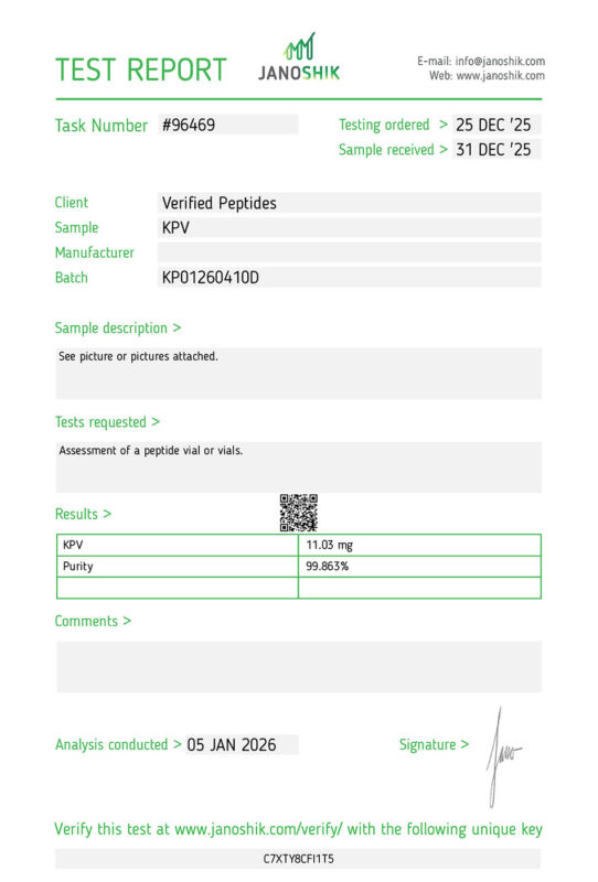 KPV Peptide Purity Certificate of Analysis Lab Test Report January 2026