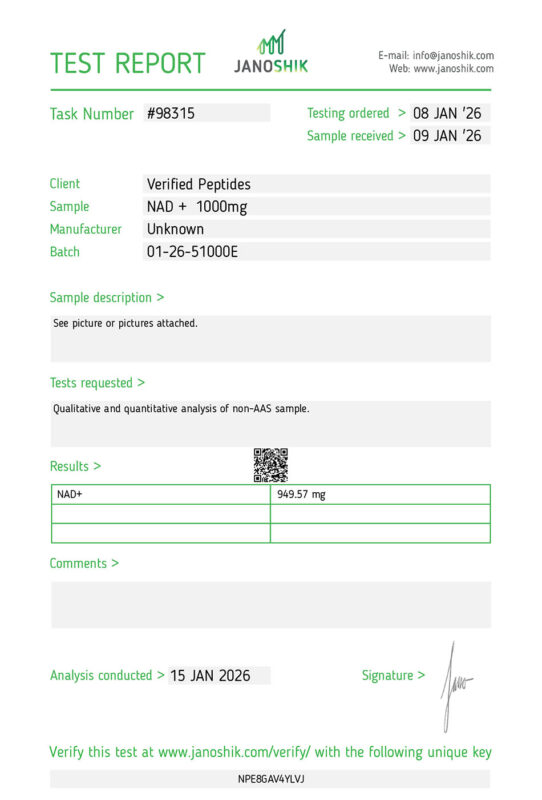 NAD Peptide Certificate of Analysis Lab Test Report January 2026
