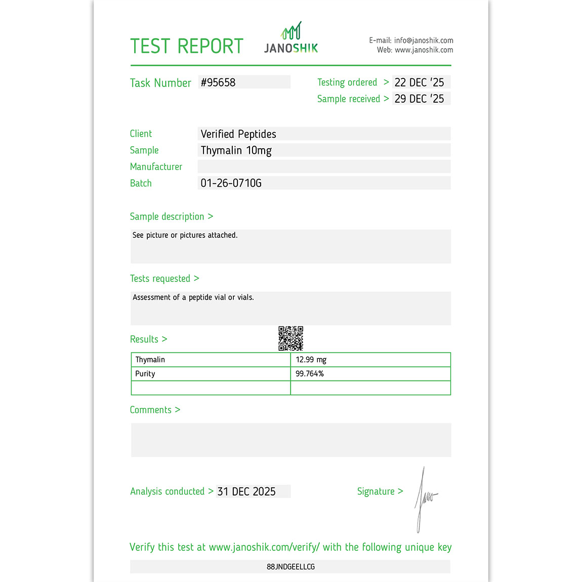 Thymalin Peptide Purity Certificate of Analysis Lab Test Report December 2025 sq