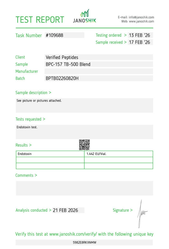 BPC-157 TB500 Blend Peptide Endotoxin Certificate of Analysis Lab Test Report February 2026