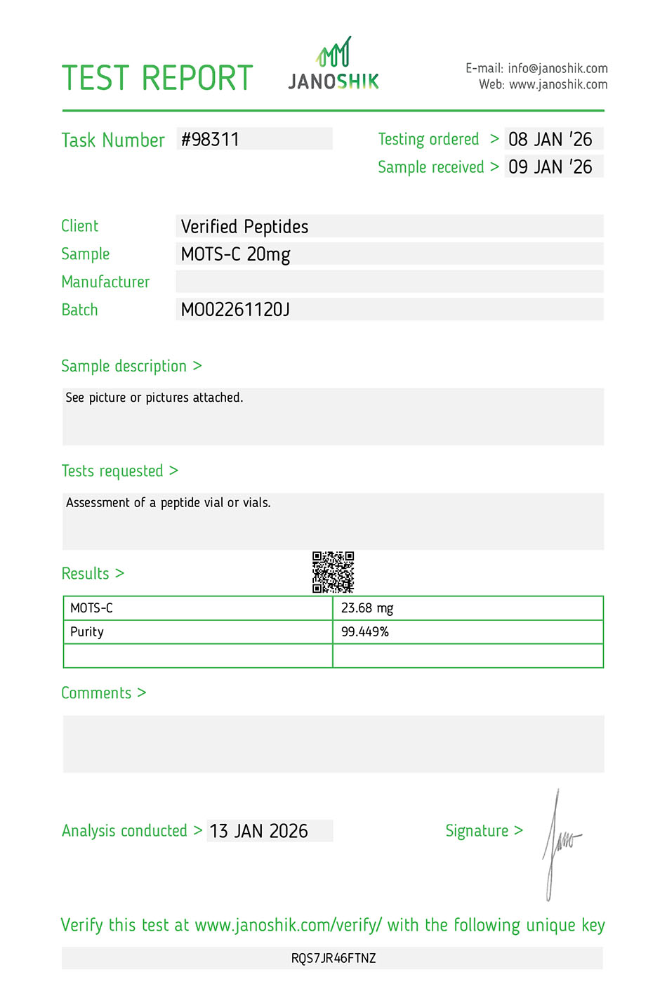 MOTS-c Peptide Purity Certificate of Analysis Lab Test Report January 2026