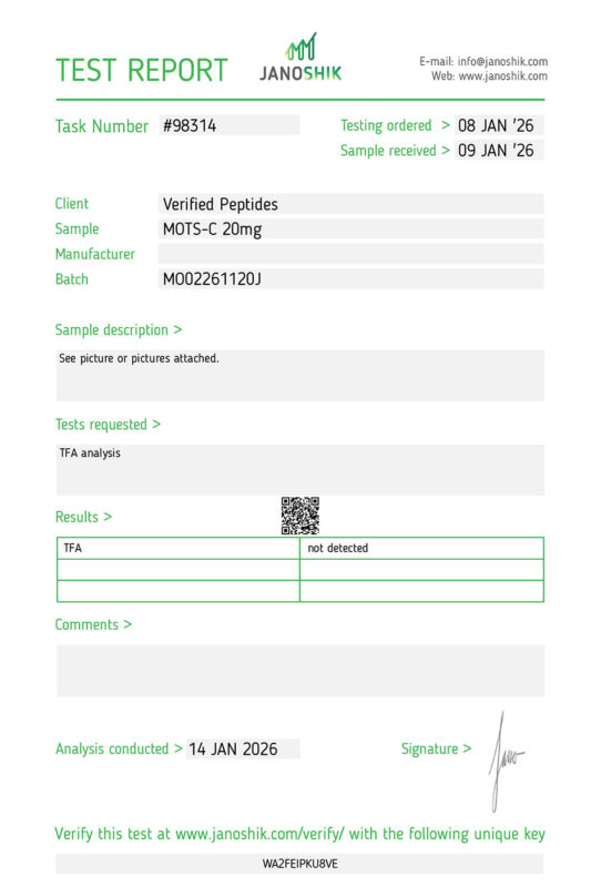 MOTS-c Peptide TFA Certificate of Analysis Lab Test Report January 2026
