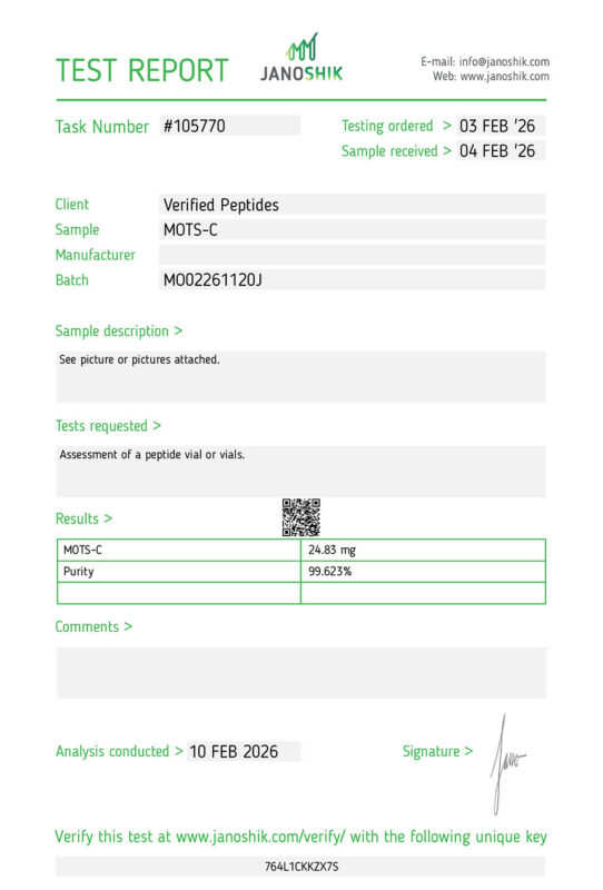 MOTS-C Peptide Purity Certificate of Analysis Lab Test Report February 2026