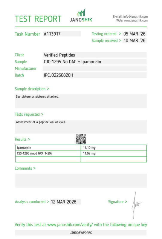 Ipamorelin CJC1295 Peptide Purity Certificate of Analysis Lab Test Report March 2026