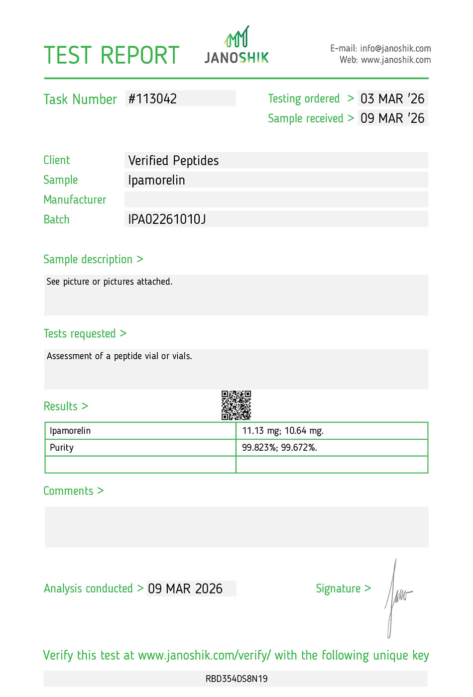 Ipamorelin Peptide Purity Certificate of Analysis Lab Test Report March 2026