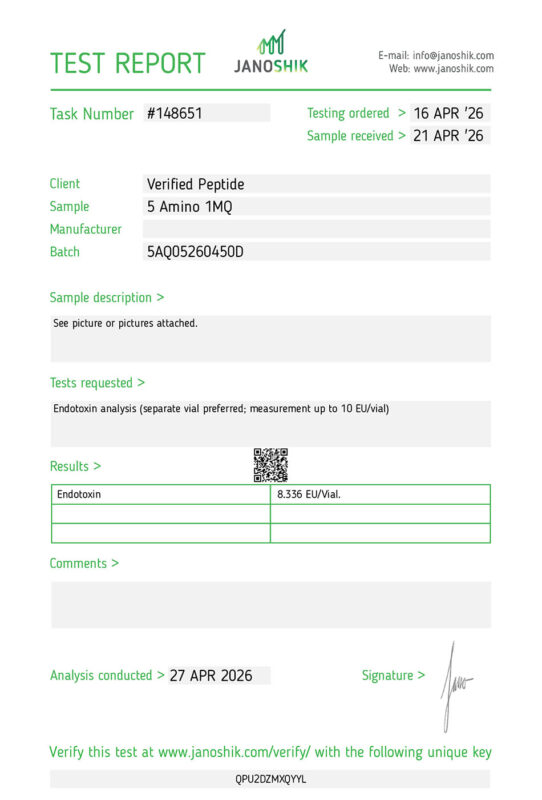 5-Amino 1MQ Peptide Endotoxin Certificate of Analysis Lab Test Report April 2026