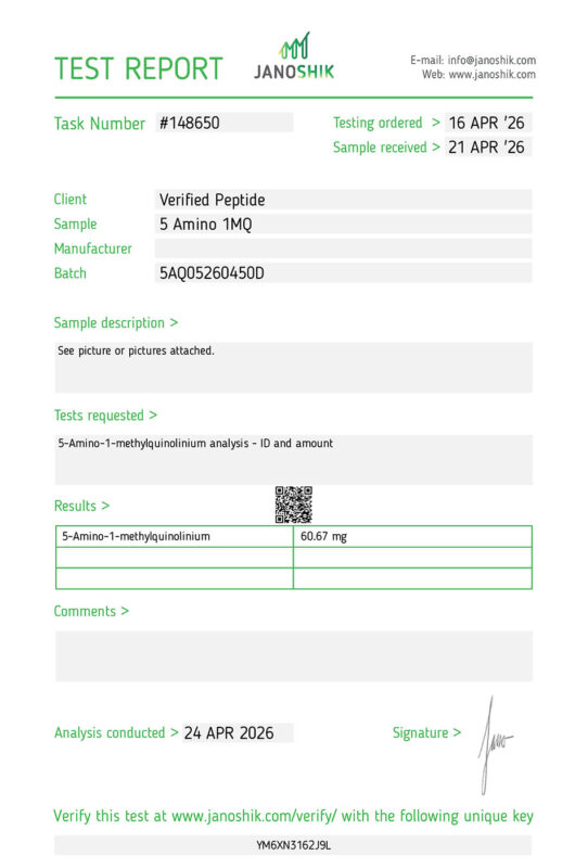 5-Amino 1MQ Peptide Purity Certificate of Analysis Lab Test Report April 2026