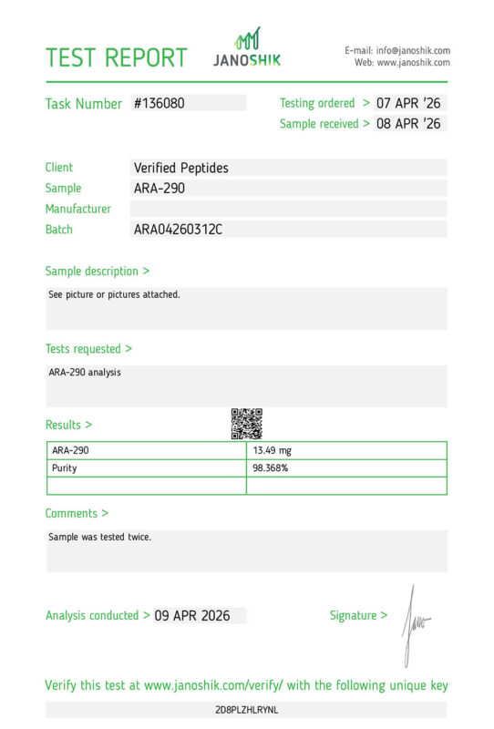 ARA-290 Peptide Purity Certificate of Analysis Lab Test Report April 2026
