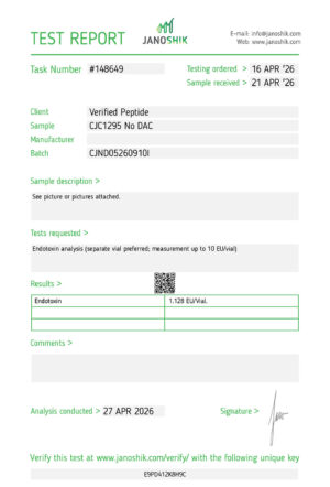A lab test report and certificate of analysis conducted in April 2026 for a CJC-1295 No DAC peptide vial analyzing the presence of endotoxins