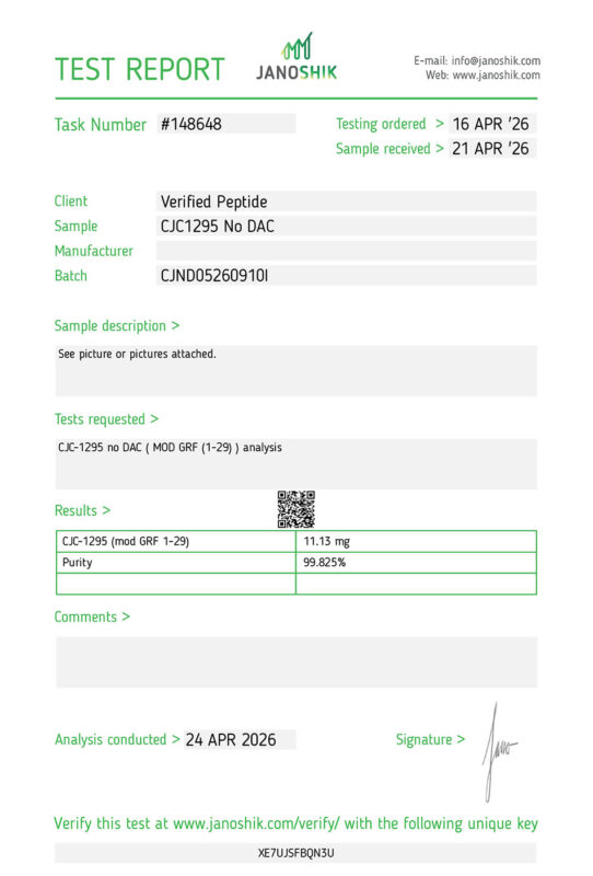 CJC-1295 No DAC Peptide Purity Certificate of Analysis Lab Test Report April 2026