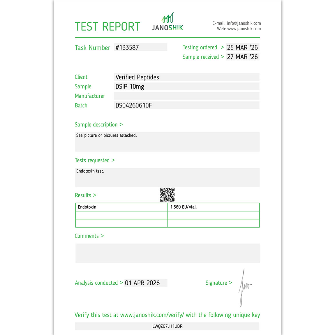 DSIP Peptide Endotoxin Certificate of Analysis Lab Test Report April 2026 sq