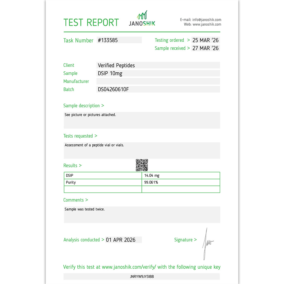 DSIP Peptide Purity Certificate of Analysis Lab Test Report April 2026 sq
