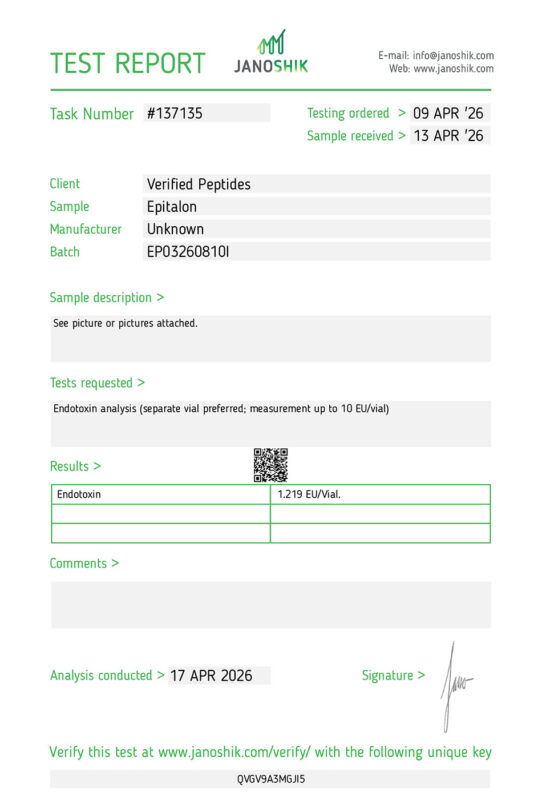 Epitalon Peptide Endotoxin Certificate of Analysis Lab Test Report April 2026