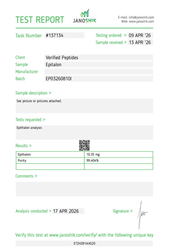 Epitalon Peptide Purity Certificate of Analysis Lab Test Report April 2026