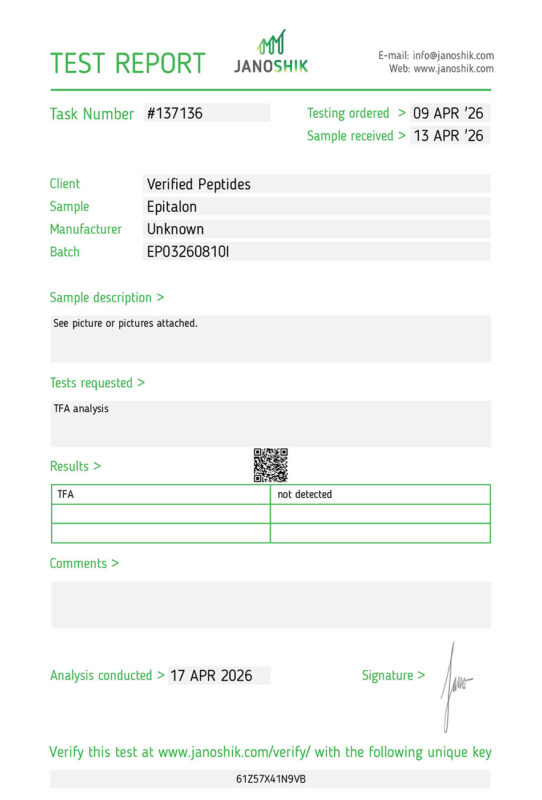 Epitalon Peptide TFA Certificate of Analysis Lab Test Report April 2026