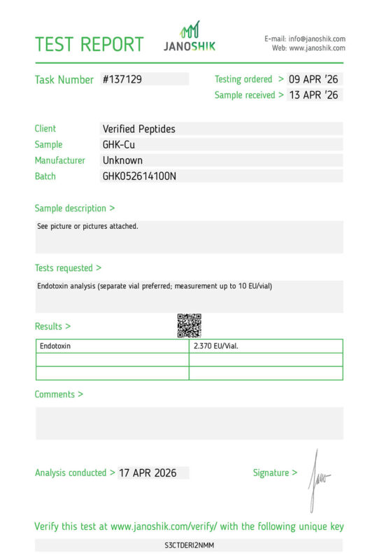 GHK-CU Peptide Endotoxin Certificate of Analysis Lab Test Report April 2026