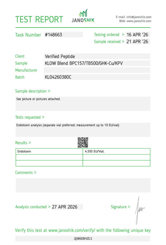 KLOW Peptide Endotoxin Certificate of Analysis Lab Test Report April 2026