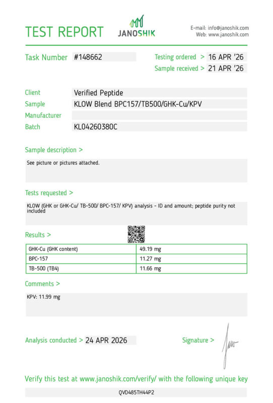 KLOW Peptide Purity Certificate of Analysis Lab Test Report April 2026