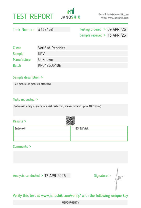 KPV Peptide Endotoxin Certificate of Analysis Lab Test Report April 2026