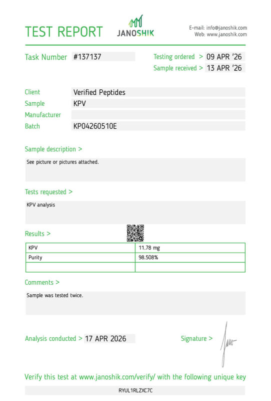 KPV Peptide Purity Certificate of Analysis Lab Test Report April 2026
