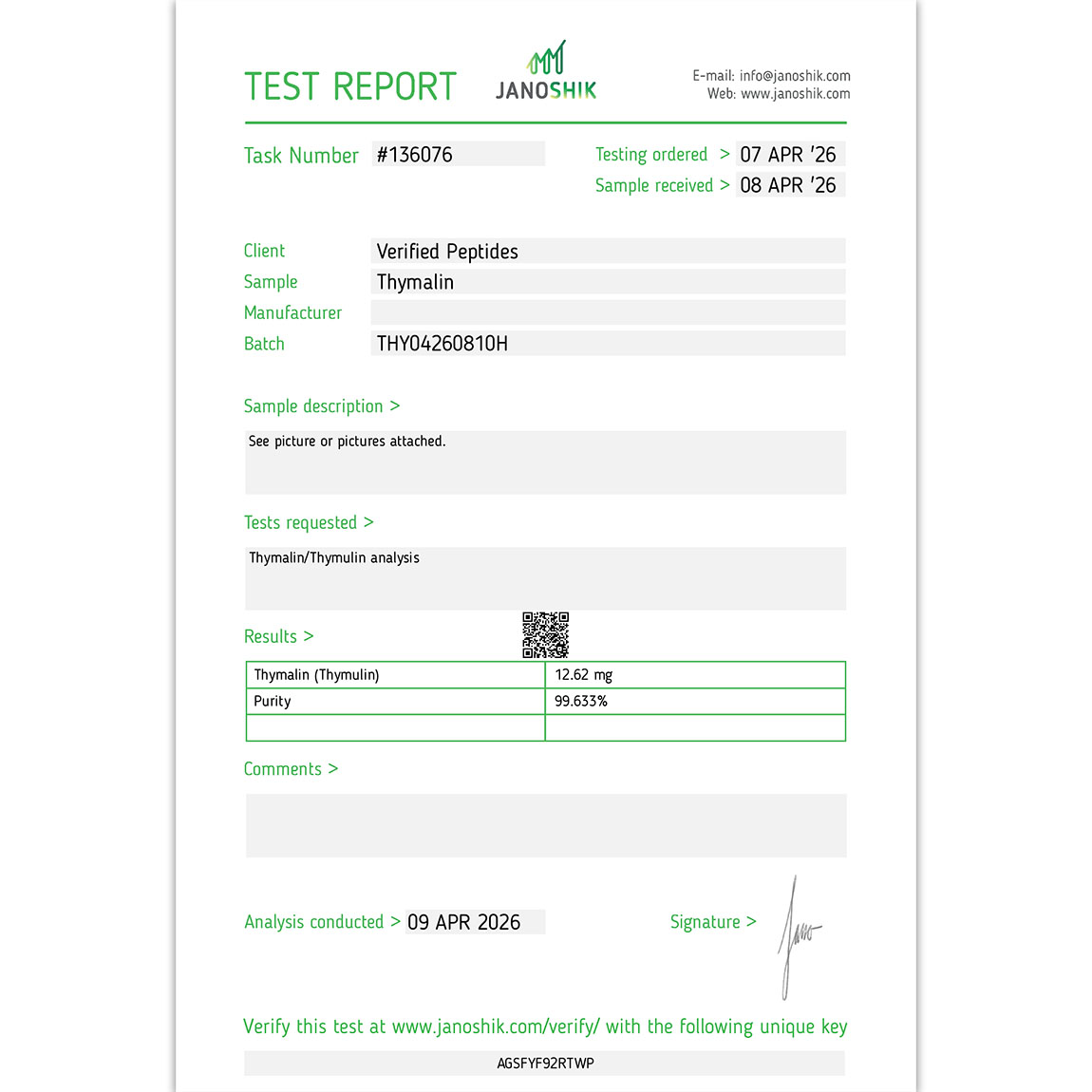 Thymalin Peptide Purity Certificate of Analysis Lab Test Report April 2026 sq