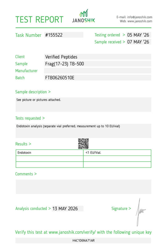Lab test report and certificate of analysis done in May 2026 for FRAG(17-23) Endotoxin Purity