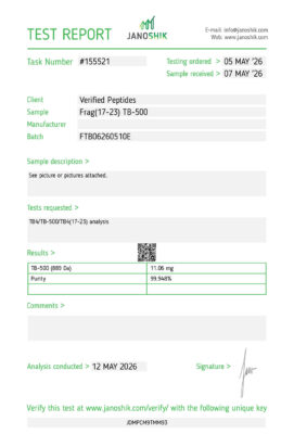 Lab test report and certificate of analysis done in May 2026 for FRAG(17-23) Peptide Purity