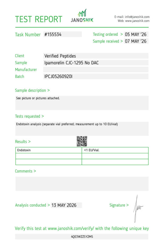 Lab test report and certificate of analysis done in May 2026 for Ipamorelin CJC1295 No DAC Peptide Endotoxins