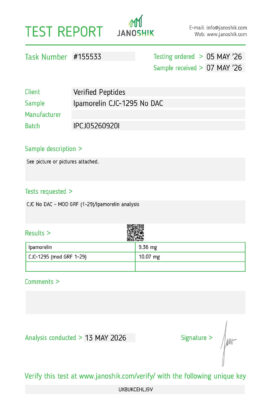 Lab test report and certificate of analysis done in May 2026 for Ipamorelin CJC1295 No DAC Peptide Purity