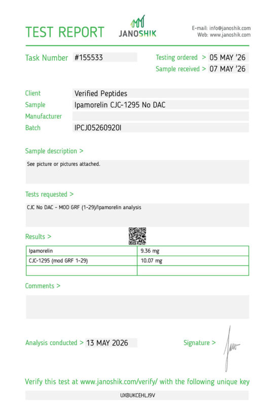 Lab test report and certificate of analysis done in May 2026 for Ipamorelin CJC1295 No DAC Peptide Purity