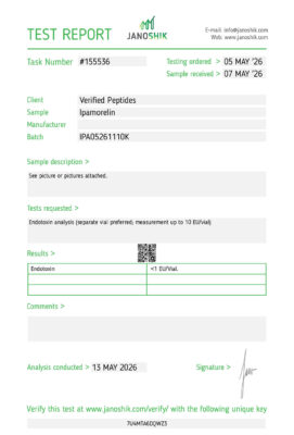 Lab test report and certificate of analysis done in May 2026 for Ipamorelin Peptide Endotoxins