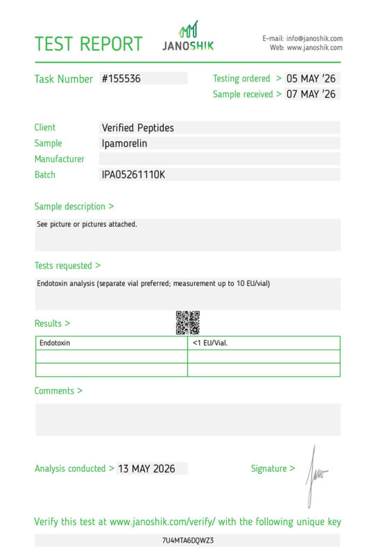 Lab test report and certificate of analysis done in May 2026 for Ipamorelin Peptide Endotoxins