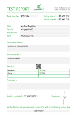 Lab test report and certificate of analysis done in May 2026 for KISSPEPTIN Peptide Purity