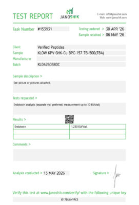 Lab test report and certificate of analysis done in May 2026 for PT-141 KLOW Peptide blend Endotoxin