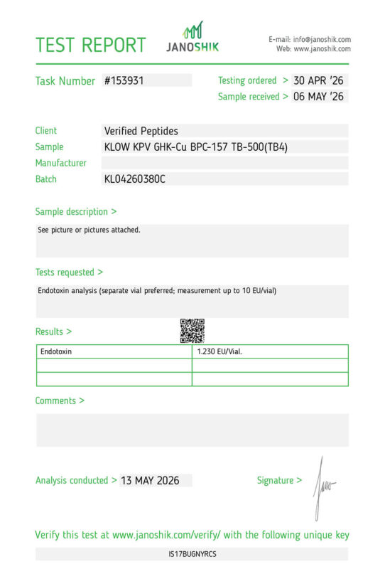 Lab test report and certificate of analysis done in May 2026 for PT-141 KLOW Peptide blend Endotoxin