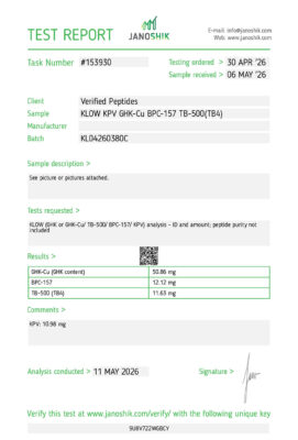 Lab test report and certificate of analysis done in May 2026 for KLOW Peptide Purity