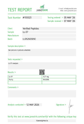 Lab test report and certificate of analysis done in May 2026 for LL-37 Peptide Purity