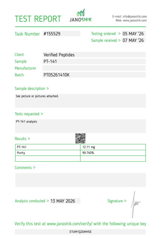 Lab test report and certificate of analysis done in May 2026 for PT-141 Peptide Purity