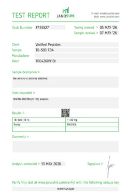 Lab test report and certificate of analysis done in May 2026 for TB-500 Peptide Purity