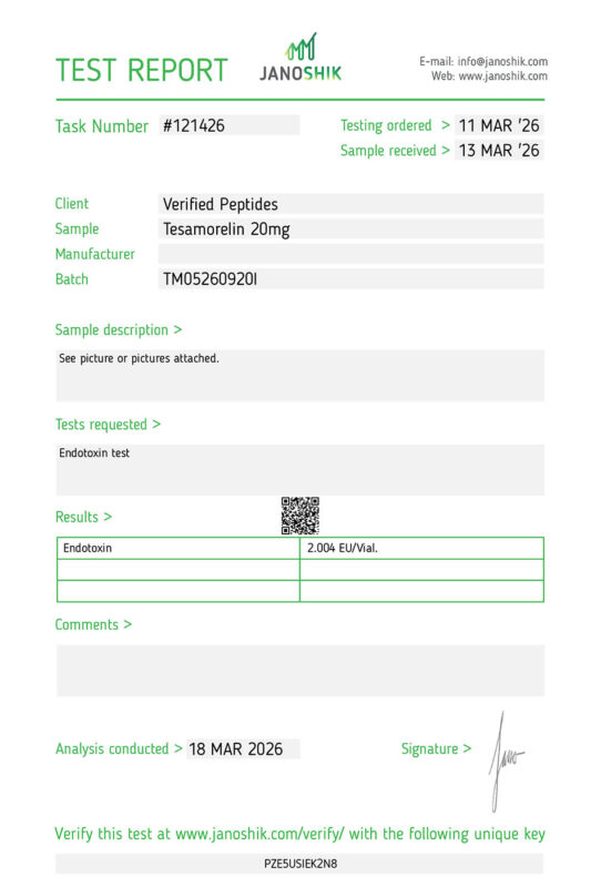 Tesamoreln Peptide Endotoxin Certificate of Analysis Lab Test Report March 2026