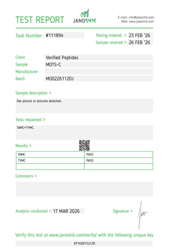 A sterility lab test report and certificate of analysis done in March 2026 for MOTS-C Peptide