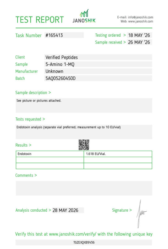 5-Amino 1MQ Peptide Endotoxin Certificate of Analysis Lab Test Report May 2026