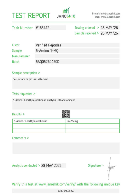 5-Amino 1MQ Peptide Purity Certificate of Analysis Lab Test Report May 2026