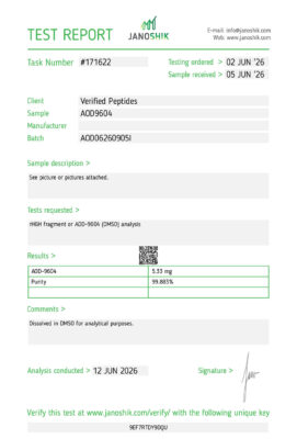 A purity lab test report and certificate of analysis conducted in June 2026 for AOD-9604 Peptide