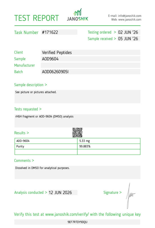 A purity lab test report and certificate of analysis conducted in June 2026 for AOD-9604 Peptide